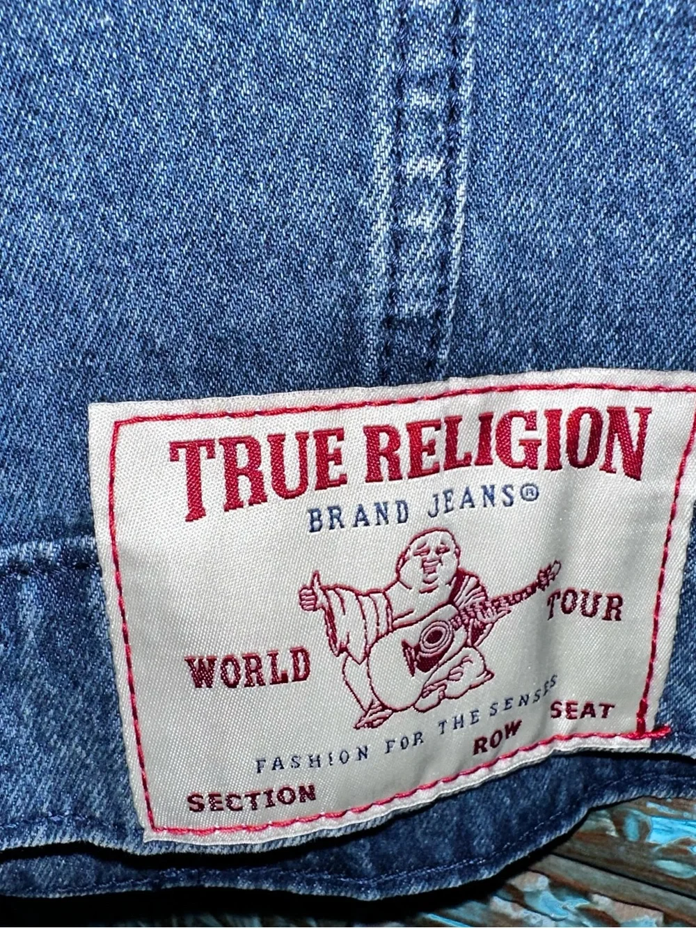 True Religion Denim Jacket Red Ladder Stitch Men’s Medium Blue Quartz Wash Budda